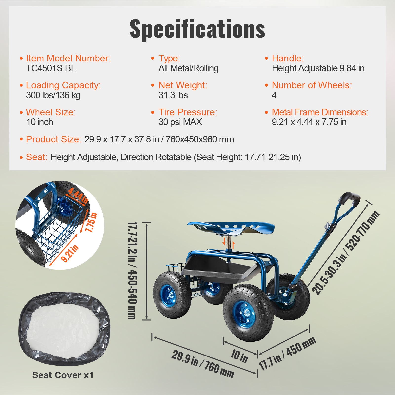 Garden Rolling Work Seat With Swivel Chair And Tool Tray Blue_voghion.com